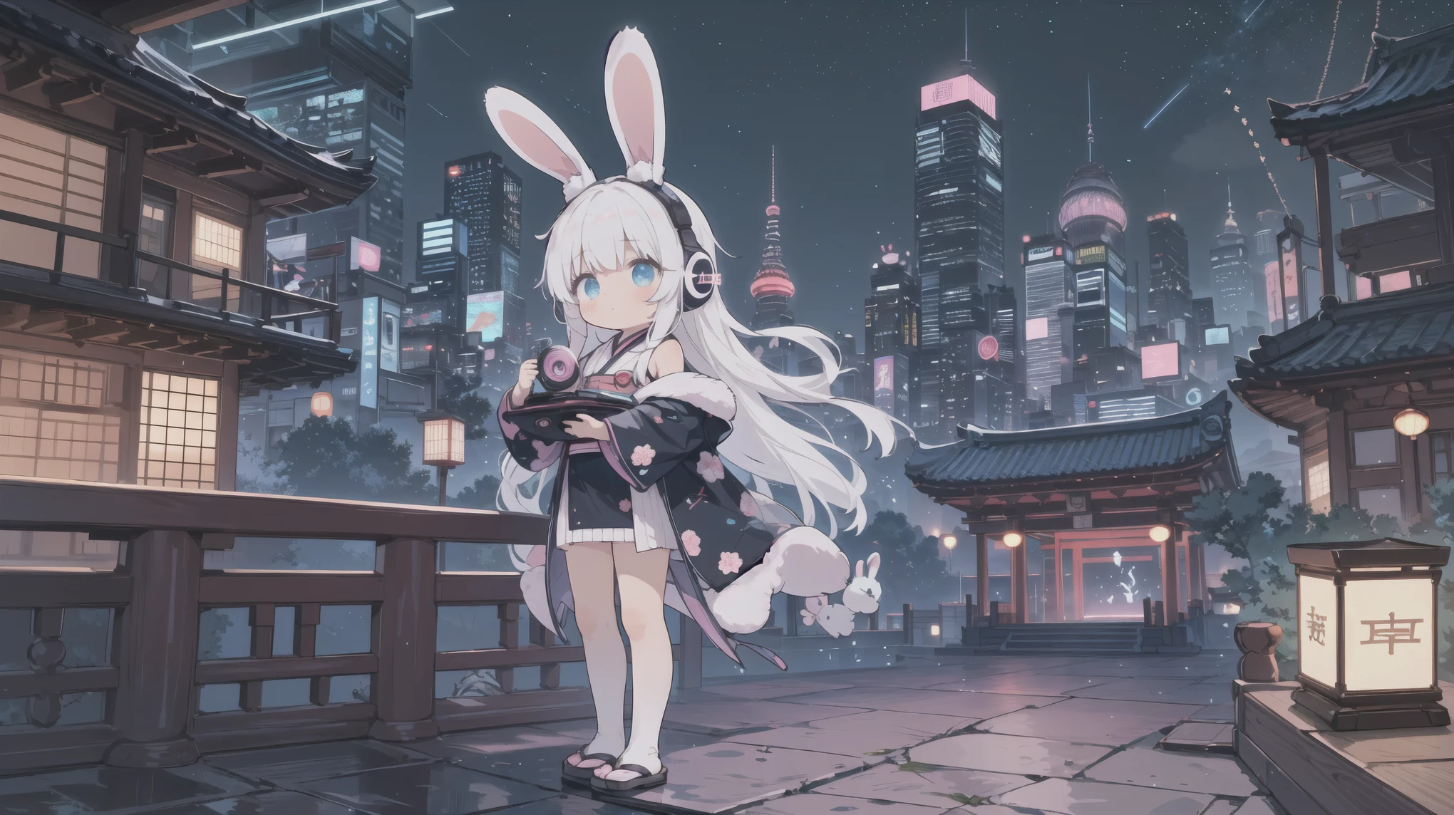 long side shot,Spectacular views,Anime white hair girl with headphones, wearing rabbit ears,cyberpunk outfit,Japanese style architecture, Beautiful night sky, colorful, Cute stuffed rabbit, Cute art style, Anime Style 4k, record player,vivid color