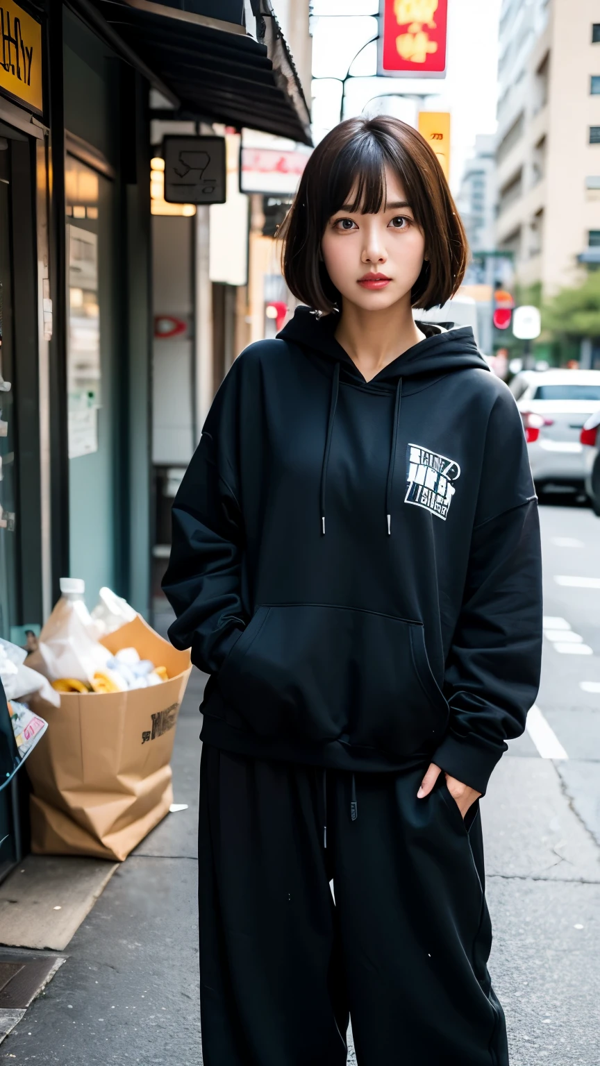 (((street dancer))),(((Perfect Fingers))),18-year-old,Korean women,Downtown trash dump,(((Facing forward))),(((Frowning,カメラをGlaring))),(Very fine eye), (((Wearing a black hoodie,Wearing baggy pants))),((photograph)),((Woman in downtown)),(((Fabric Shading))), (((highest quality))), (((masterpiece))) strong girl, ((((Realistic)))), I have a card,Black Hair, chic hairstyle, ((With bangs,Straight medium bob cut, nice hair)), Light makeup,Red eyes, (((I'm not wearing lipstick))), (nice, strong), Strong night atmosphere, Centered Images, Focus on the camera, Elegant colors,Realistic Skin,Realistic texture,8k,whole body,Pale skin, (((Dirty garbage dump))),A huge amount of trash,Red iris,Expressionless,Glaring,Perfect Face,(((Big eyes))),She is wearing wide black pants,Mouth closed, portrait of aespaのウィンター,She is wearing black streetwear, Woman in black streetwear, 黒いハイテクな服を着た女性のphotograph, Girl wearing black hoodie, Cyberpunk Streetwear, Cyberpunk Streetwear street fashion e-girl,