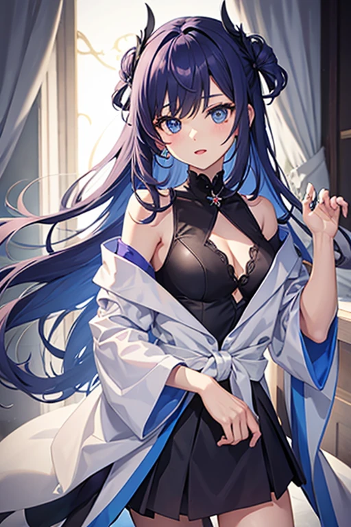 1boy, dark bluish lilac hair, long hair, light blue eyes, casual clothing