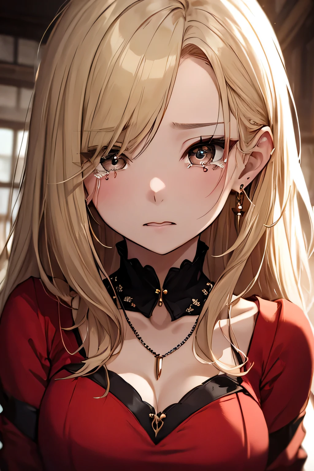 ((highest quality)), ((masterpiece)), (detailed), Perfect Face、Moved to tears、blonde、Straight Hair、Crimson Dress、Earrings、necklace、tearansion、