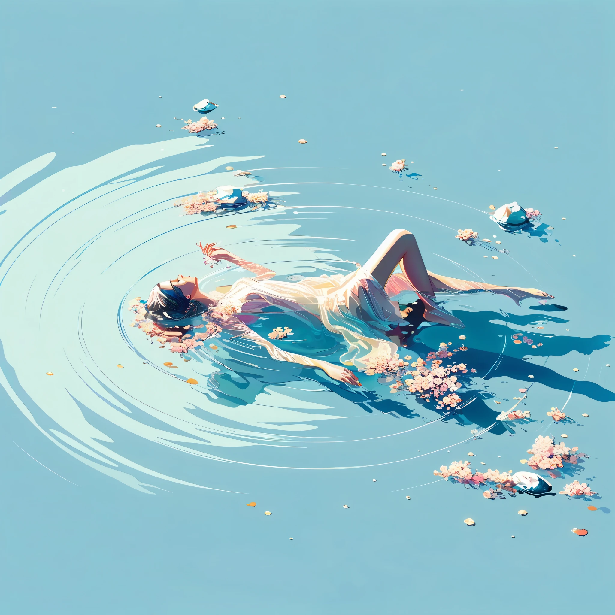 A woman lying in the water,Legs in water, Float on the water, A beautiful artistic illustration, Just a joke, Floating in perfume, Floating and drowning, Floating underwater in the lake, Cyril Rolandor style, inspired ByCyril Rolando, Surreal flat colors, inspired by Yanjun Cheng, ByCyril Rolando, by Yanjun Cheng