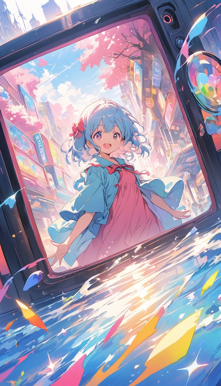 anime style, super fine illustration, highly detailed, dynamic angle, beautiful detailed, 8k, In front of numerous cathode-ray tube televisions, BREAK various programs are being broadcasted. A woman gazes at them, BREAK smiling amidst the colorful scenes.(highest quality、masterpiece、High resolution、detailed)animeスタイル、flat style、(Shining Eyes、detailed美しい顔), BREAK,anime