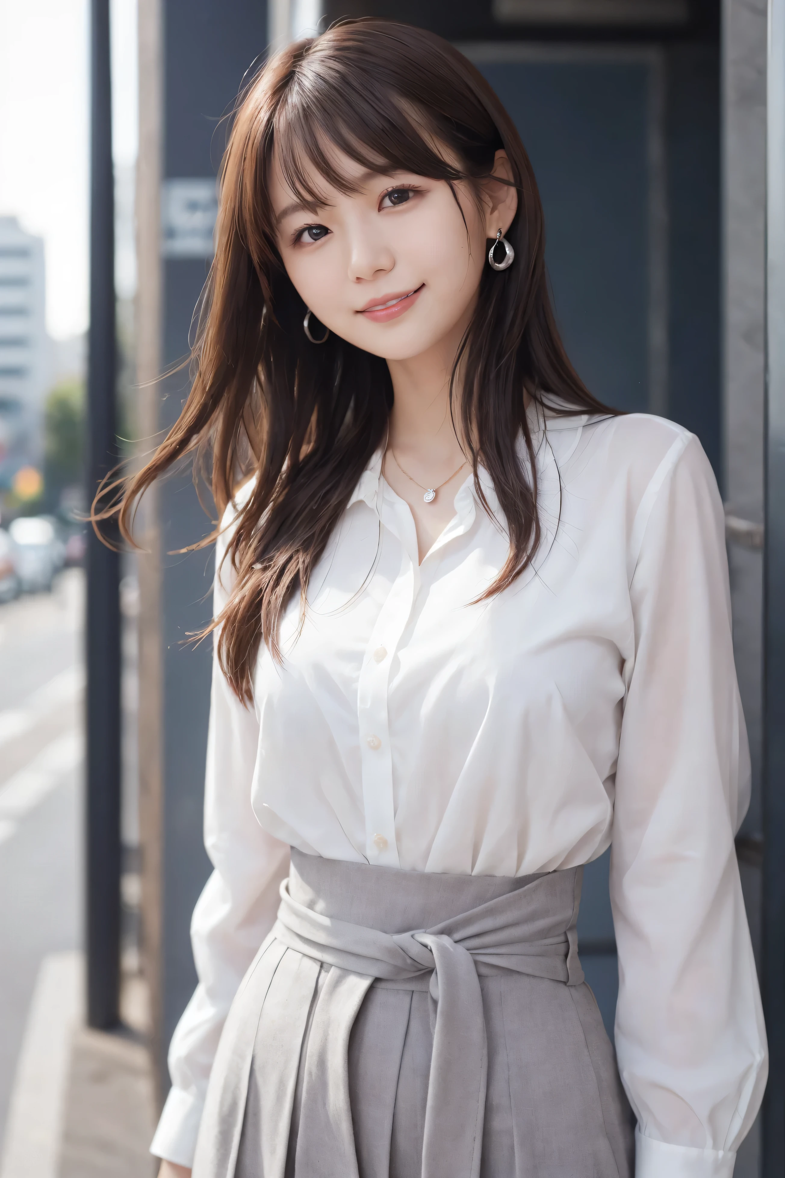 high-definition images, atmospheric perspective, 8k, super detail, accurate, best quality, angle from below, a woman, drooping eyes, blush, in the city, food track, busy, skyscrapers, (blouse, long skirt), shoulder bag, tiny earrings, coffee shop with large windows overlooking the street, takes a seat, in the spring,