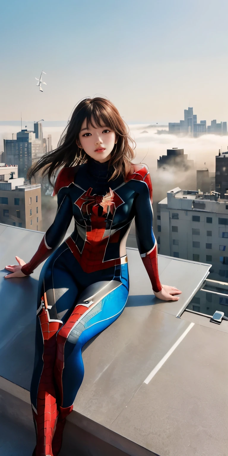 (One girl:1.3), alone, (((Very Detailed face)))), ((Very detailedな目と顔)))), beautifulディテールの目, Body parts__, Official Art, Unified 8k wallpaper, Very detailed, beautiful and beautiful, beautiful, masterpiece, 最high quality, original, masterpiece, Ultra HD Photos, 最high quality, Ultra-high resolution, Realistic realism, sunlight, Full body portrait, Great beauty, Dynamic pose, Delicate face, Vivid eyes, (from the front), She's wearing a Spider-Man suit, Red and black color scheme, Spider, Very detailedな都市の屋根の背景, rooftop, Overlooking the city, Detailed face, Detailed, intricate and busy background, Messy, nice, milky, Very detailedな肌, Realistic skin detail, Visible pores, Clear focus, Volumetric Fog, 8K Ultra HD, Digital SLR, high quality, Film Grain, Fair skin, Photorealistic, Lomography, Future dystopian megalopolis, translucent