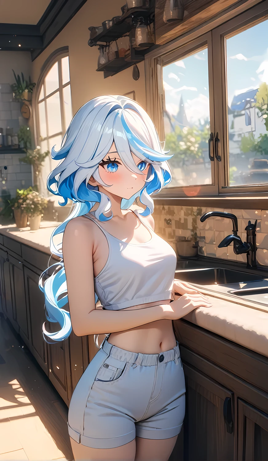 1girl, furina from genshin impact, short pale blue-white hair, wavy hair, blue eyes, different-blue eyes, wearing cropped tank top, wearing plain white cropped tank top, cropped tank top, white cropped tank top , open crotch, white, white overall, indoor background, sunlight comes from window, kitchen background, kitchen, many furintures, cheerish ambience, daily activites, masterpiece, 8k, highres, ultrahd,