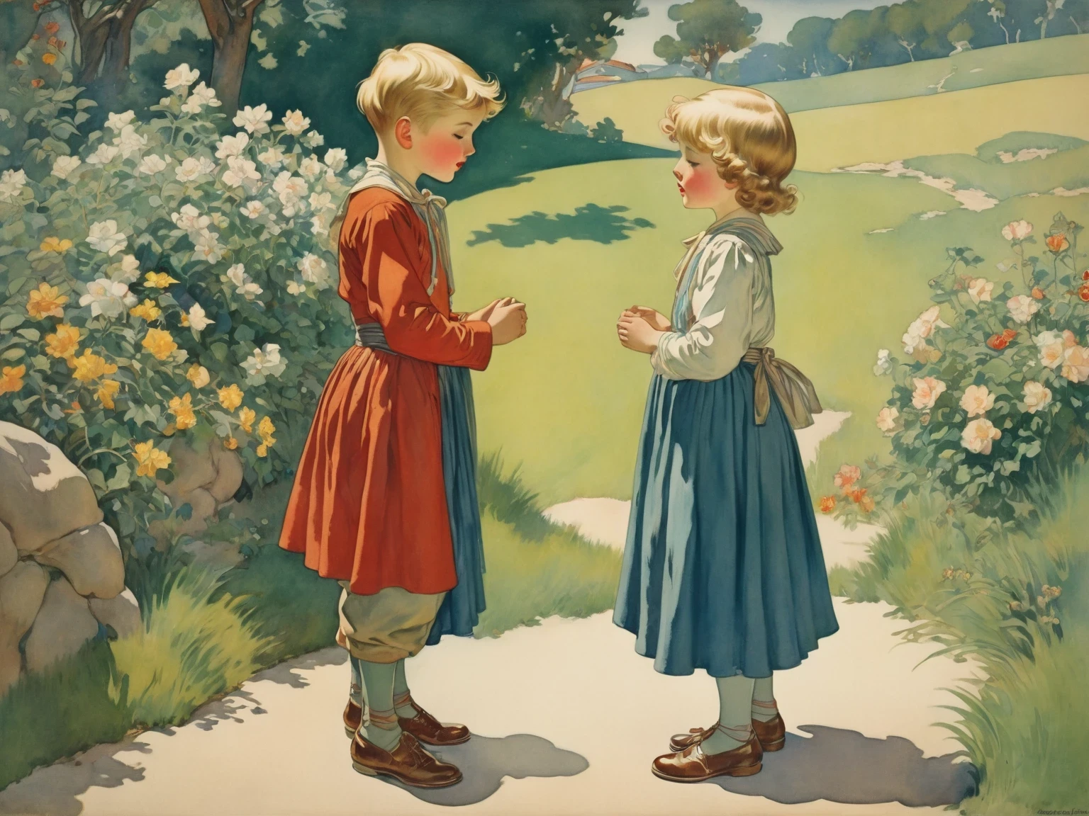 there are two children that are standing next to each other, peasant boy and girl first kiss, by Dorothy Hood, by Alice Prin, boy girl traditional romance, louis icart, joseph leyendecker, by Sun Junze, by Gerda Wegener, by Irene Bache, by Margaret Brundage, by Jacques Sablet, by Gustaf Tenggren,