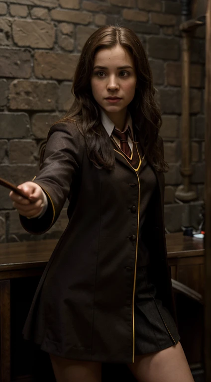 High details, high quality, cinematic, harry potter style, hogwarts background, hogwarts uniform, gryfgindor uniform, hermione granger, dynamic pose, epic pose, holding wand, raising hand, casting a spell, long shot, ambient lighting:1.5, magical effects