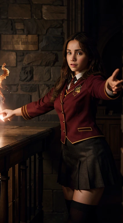 High details, high quality, cinematic,  harry potter style, hogwarts background, hogwarts uniform, gryfgindor uniform,  hermione granger, dynamic pose, epic pose, holding wand, raising hand,  casting a spell, long shot, ambient lighting:1.5,   magical effects
