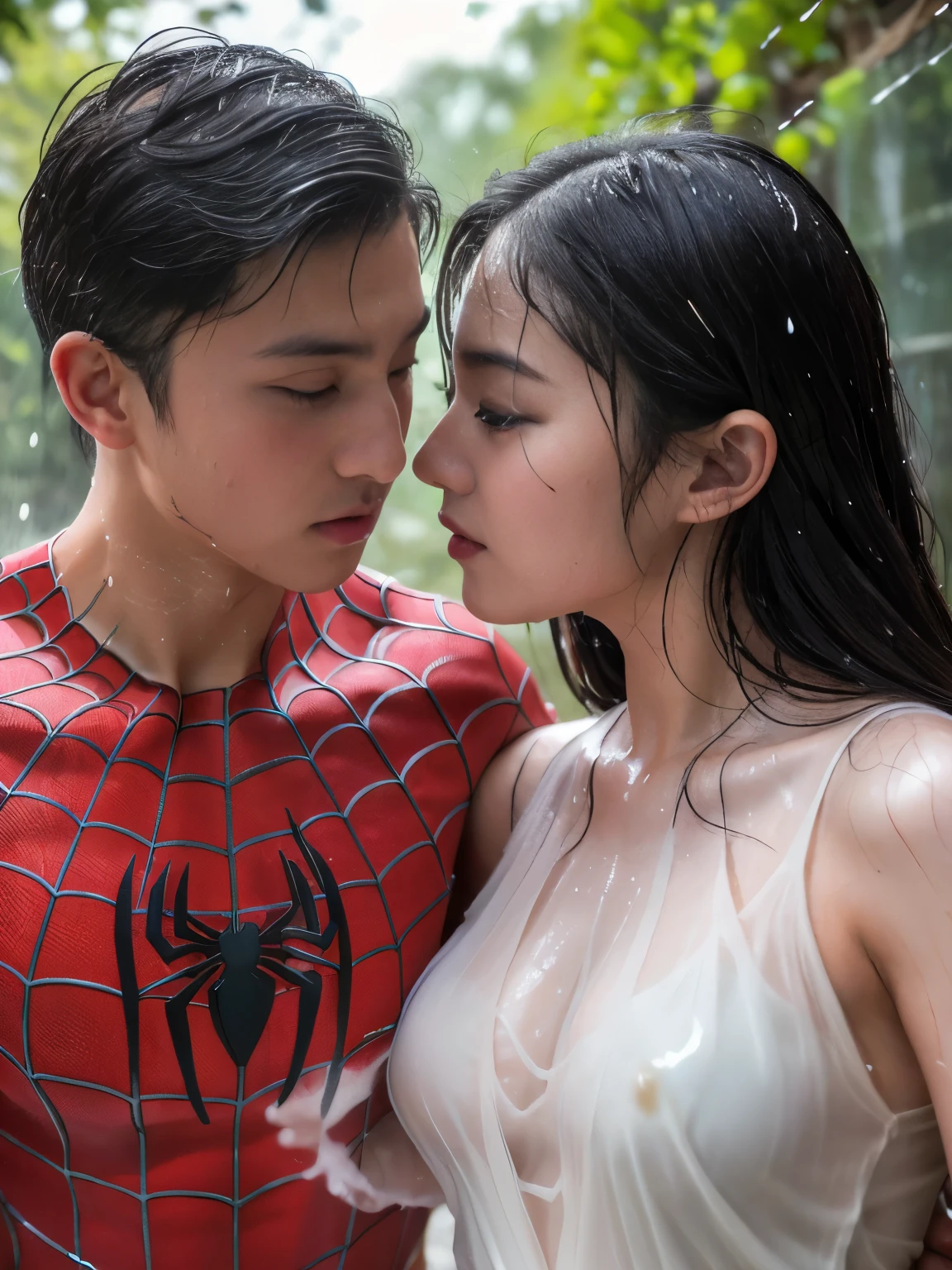 (the concept of bathing together with your lover), (Spiderman's first kiss with a girl), perfect face, hyper realistic face, hyper realistic eye, perfect eye, eye reflection, realistic lips, (hyper realistic photo:2), (best photo quality:2), A pair of lovers, a man (spiderman/handsome man) and a female (perfect beauty Asian woman, normal sexy dressed girl, heavy big , heavy huge breasts, realistic body, realistic face, perfect face, very wet body). are bathing together in a small, rickety hut in the forest, they are soaking wet, fully clothed, not naked, they are both wet, female wearing a sexy dress made of water, portrait of a photo, absolutely outstanding image, water fairy. Asian woman and male spiderman., unbutoned woman, a man wearing a spiderman custom cosplay., female student wearing normal sexy dress., male superhero spiderman, splashing, ((drenched)), ((soaked)), sultry, beckoning to viewer, water dripping, oil drenched clothes, 16k, alluring, (((heavy wet body))), see through, bright sunshine, sunny day, depth of field, close up, ((UHD)), highly resolution, expert photography, photo images are very clear, (ordinary girl take a shower with the spiderman, marvel)