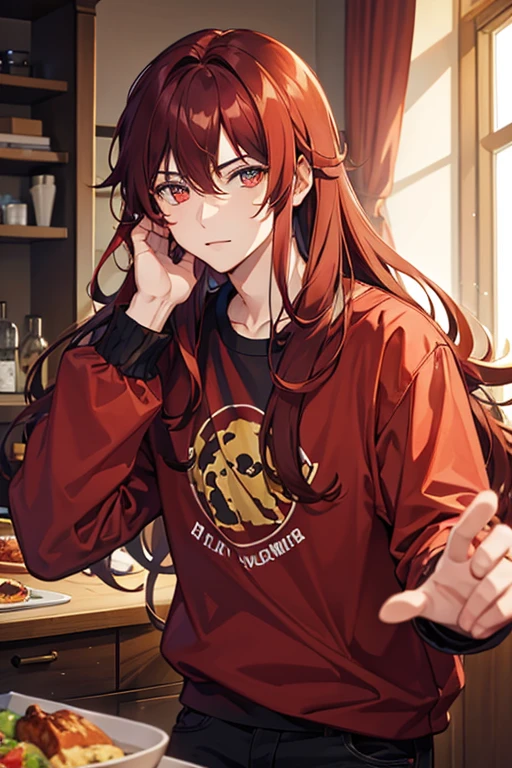 1boy, dark reddish hair, long hair, golden eyes, casual clothing