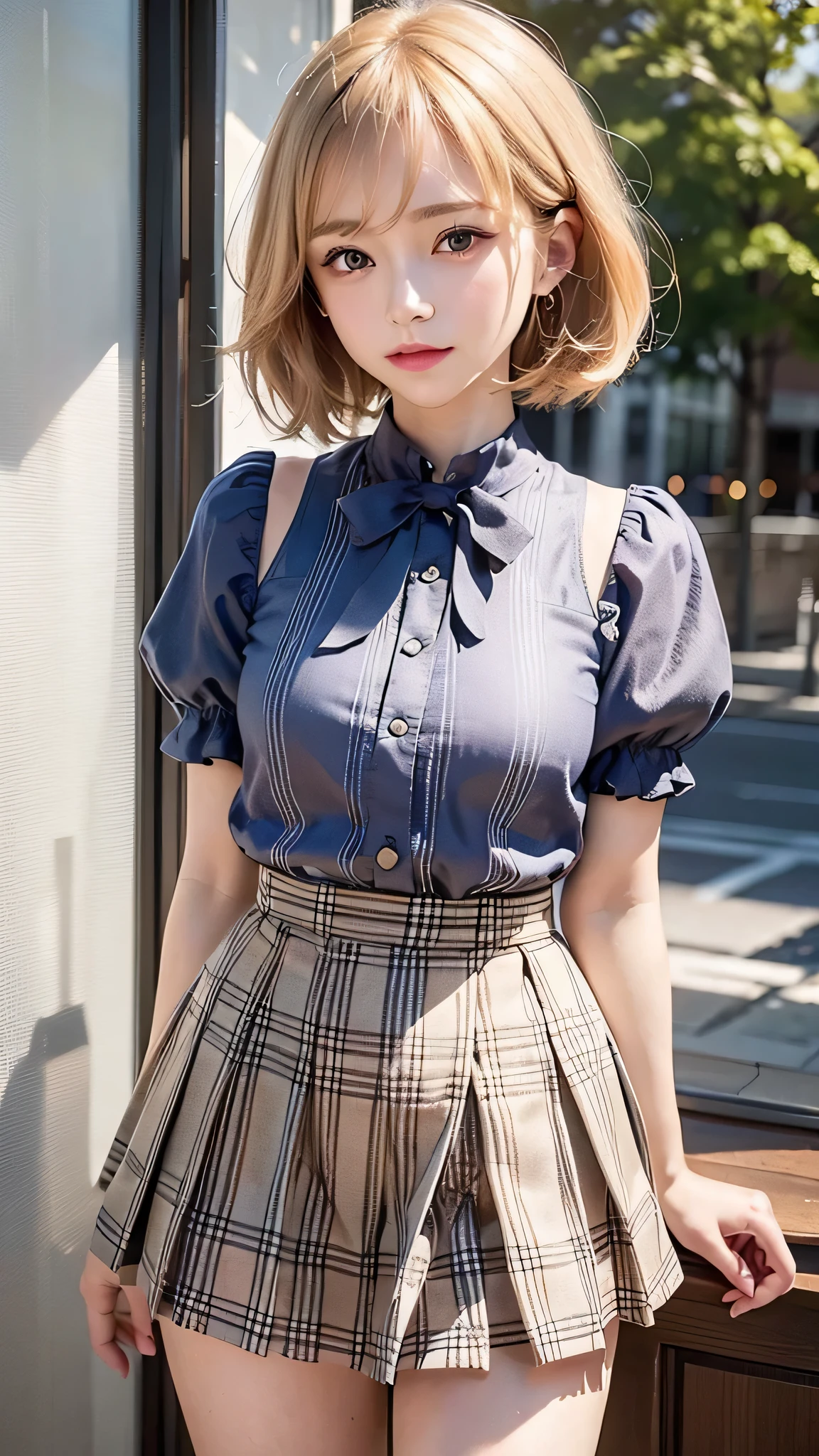 (Close-up:1.4)、(RAW shooting:1.2)、(Photorealistic:1.4)、(masterpiece:1.3)、(highest quality:1.4)、One Girl、(Slender and beautiful girl)、(Small waist)、(Mid-chest:1.2)、Breast、Absurd、Extremely detailed、Very complicated、Detailed face、Detailed eyes、Natural light、Realistic、Very detailed、full body shot、Beautiful Face、(Blonde short cut:1.3)、High school girl in summer clothes、 in uniform、pleated micro mini skirt、high heel loafers、sexy、Lovely、Detailed face、Very long legs、