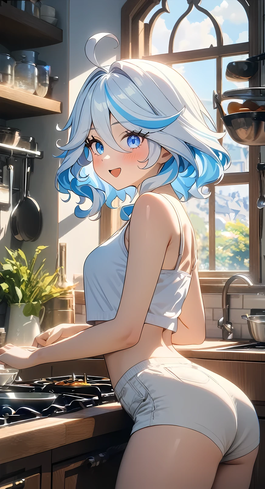 1girl, furina from genshin impact, short pale blue-white hair, wavy hair, blue eyes, different-blue eyes, wearing cropped tank top, wearing plain white cropped tank top, cropped tank top, white cropped tank top , open crotch, white, white overall, indoor background, sunlight comes from window, kitchen background, kitchen, many furintures, cheerish ambience, daily activites, masterpiece, 8k, highres, ultrahd,