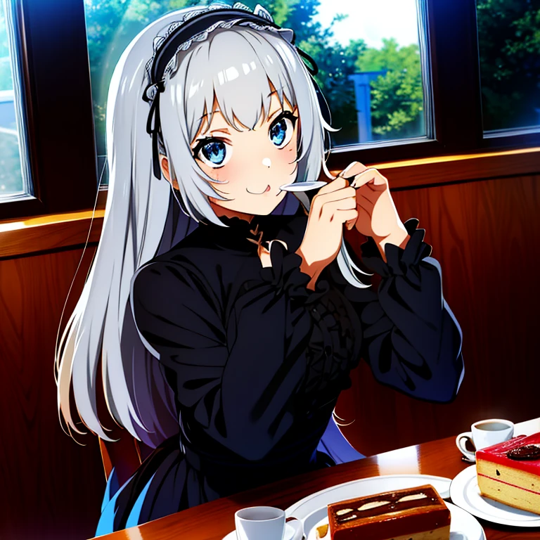 One girl,Focus Only,Gray Hair,Medium Hair,Crossed bangs, Dodger Blue Eyes,13 years old,Gothic Lolita, Black Dress, Lolita_hair band ,Long sleeve,Looking out the window, Sitting,indoor,Cafe,table, food on the table, coffee, cake,perfection,