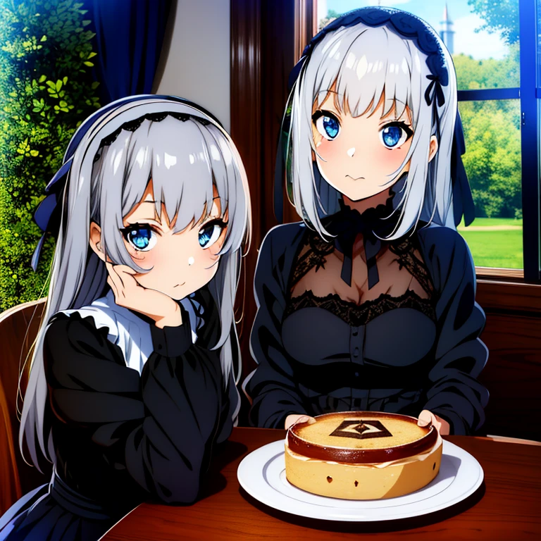 One girl,Focus Only,Gray Hair,Medium Hair,Crossed bangs, Dodger Blue Eyes,,Gothic Lolita, Black Dress, Lolita_hair band ,Long sleeve,Looking out the window, Sitting,indoor,Cafe,table, food on the table, coffee, cake,perfection,