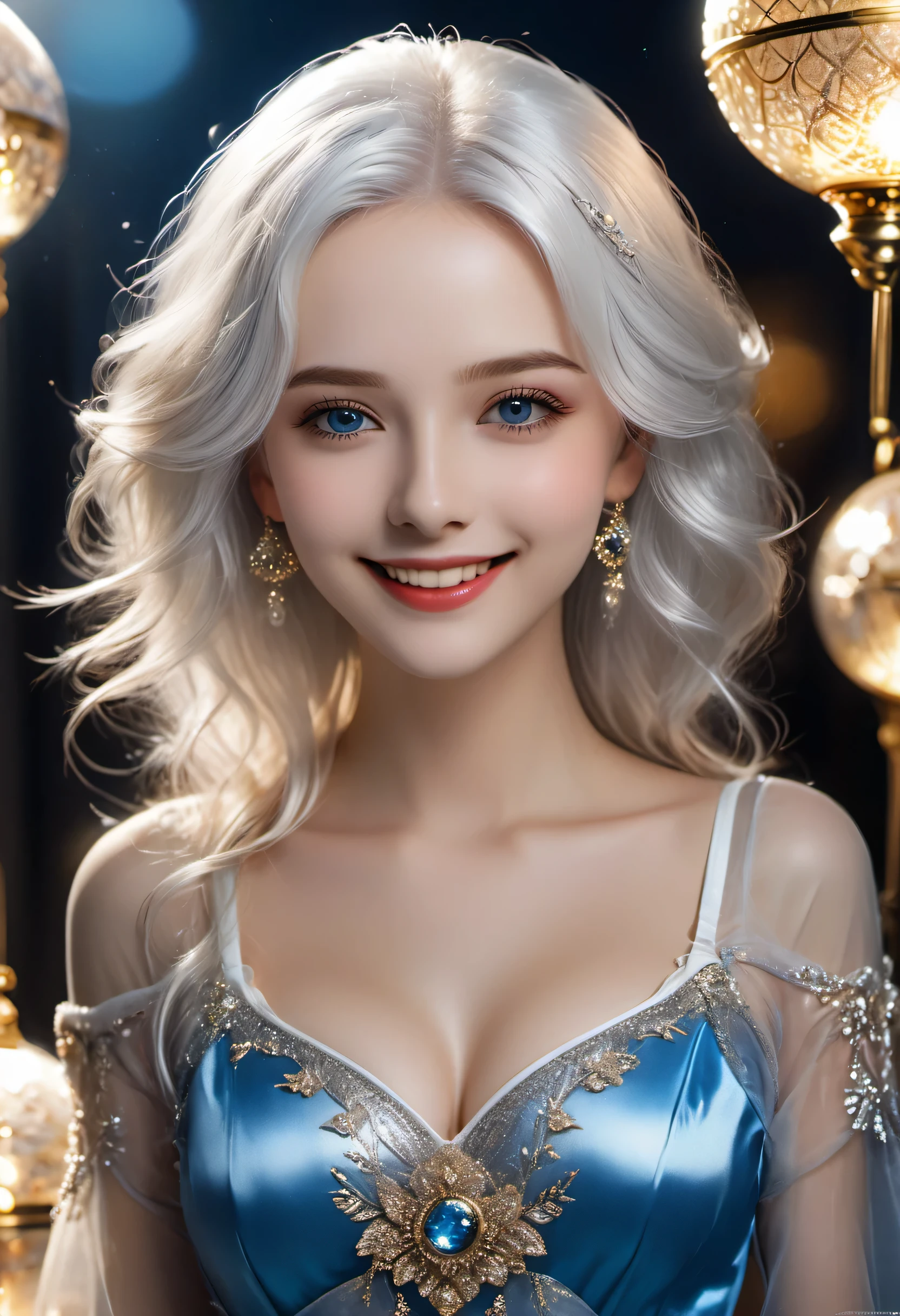 pure white hair, pure white hair, (waist length hair), shining hair, detailed hair, blue eyes, beautiful eyes, very detailed eyes and face, beautiful fine eyes, very detailed, light on face, (glossy lips 1.4), fair complexion, 18 year old girl, 8k, masterpiece, top quality, graphic, very detailed, (village), realistic skin texture, Huge Breasts, Gazing At Viewer, (Smile:1.2), Gilded Classy Dress, Film Lights, Facial Focus, Beautiful Eyes, Detailed Face, Bright Face, Dawn, Gray Background (Low Angle Shot), (Underneath View), Hand In Front Holding Golden Glass Ball, Close-Up Shot