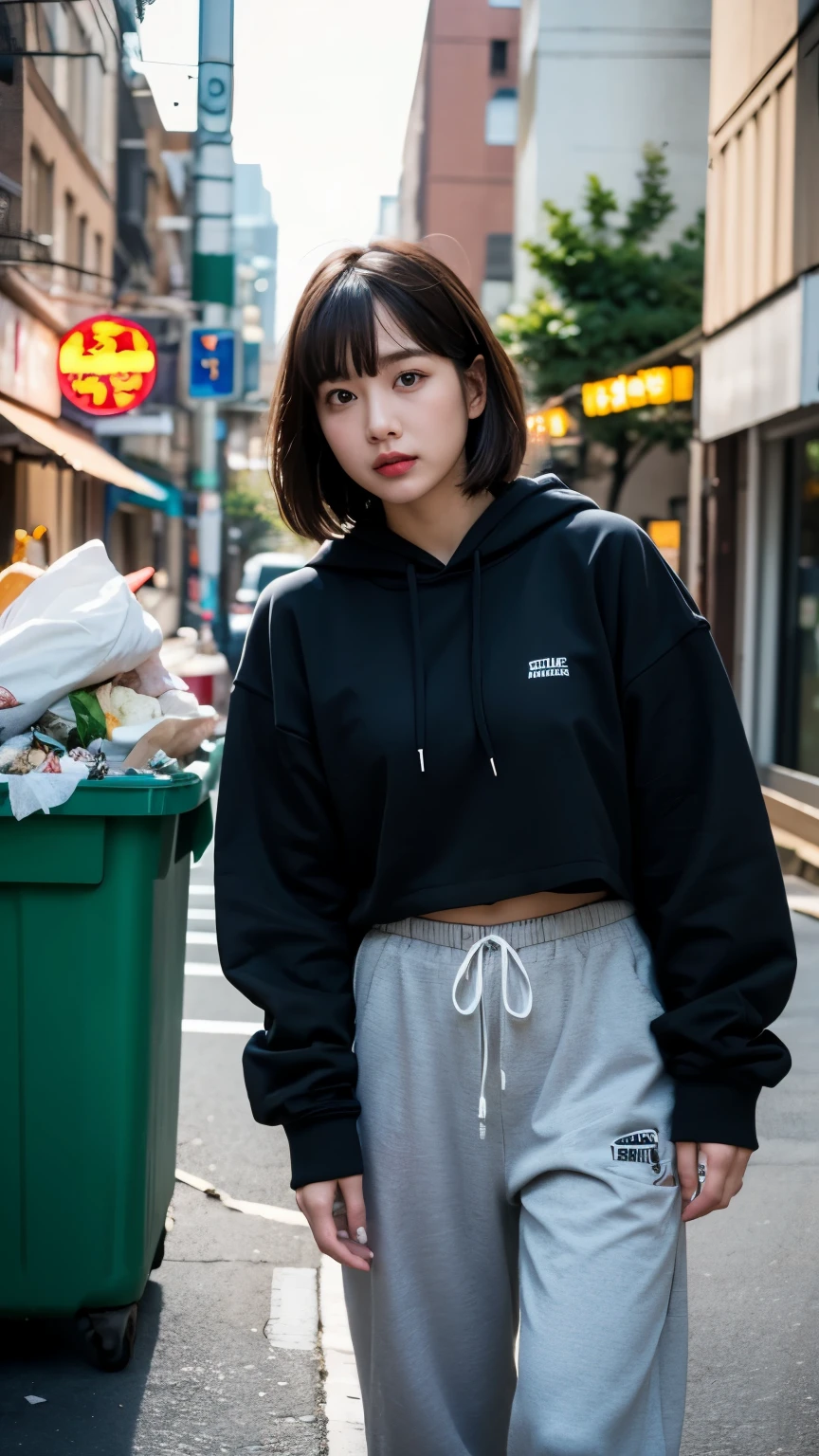 Diffuse lighting、 Highest quality, High resolution, unity 8k wallpaper、Supersaturation, Japanese、1 female、23 years old、Wearing a white hoodie、walking down the street in the city、Under her hoodie she was wearing a black lace bra、mini skirt、beautiful、Adult women、