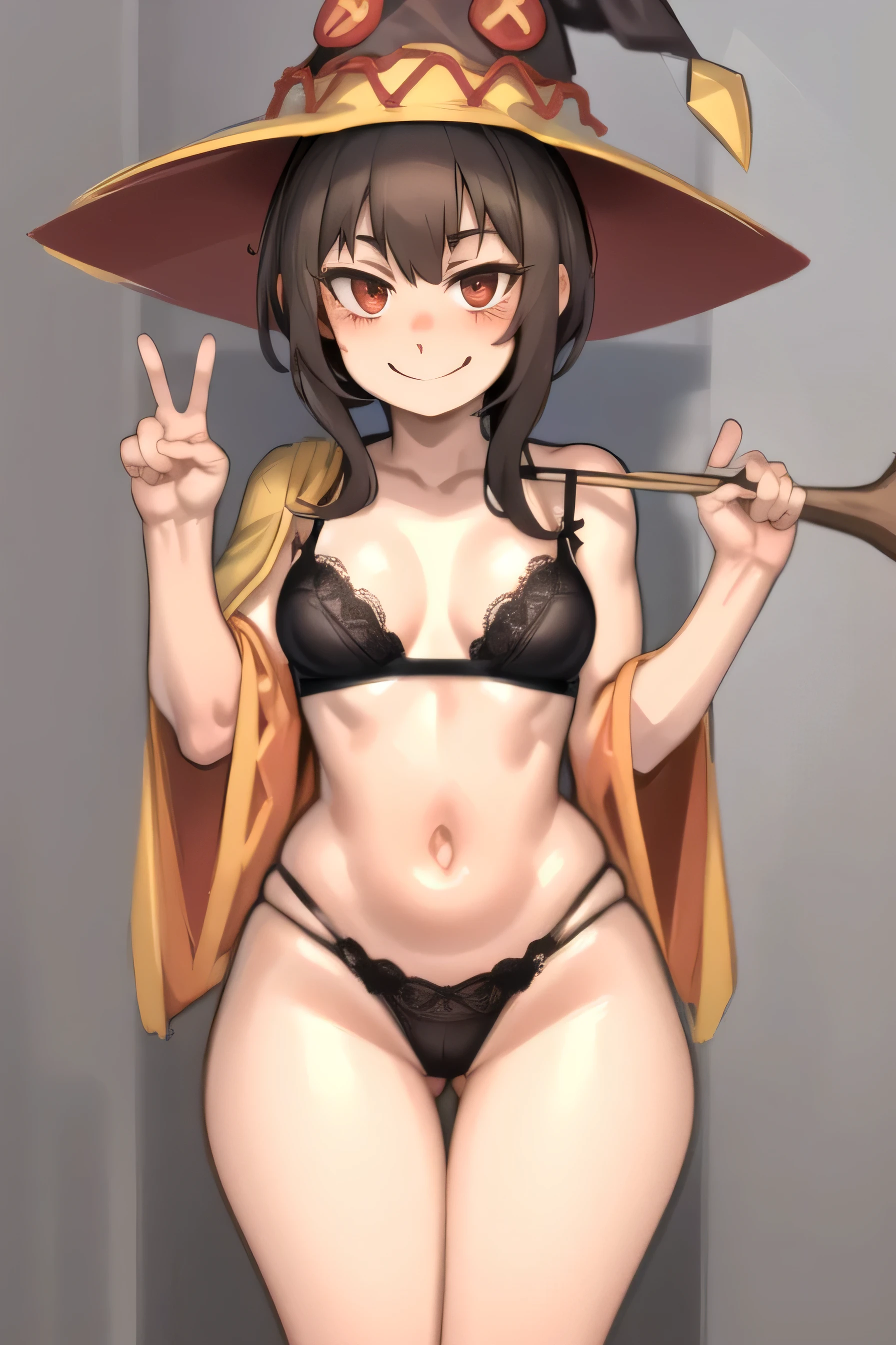 smile,full body, 1girl, megumin, witch hat, brown hair, lace bra and lace pantie standing ,smile , adorable face , cowboy shot, AromaSenseiArtist ,flat colors, ,sketch,