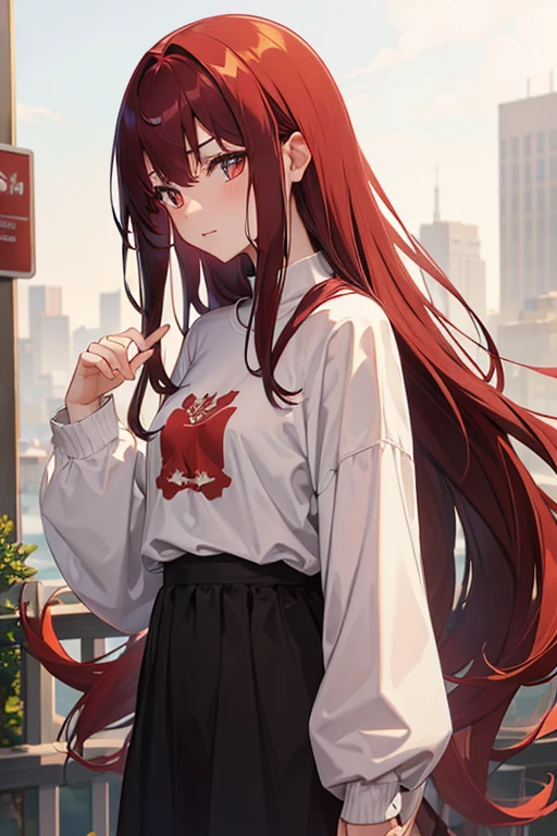 1girl, dark reddish hair, long hair, golden eyes, casual clothing