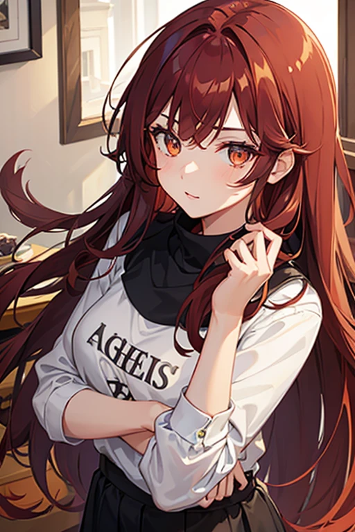1girl, dark reddish hair, long hair, golden eyes, casual clothing