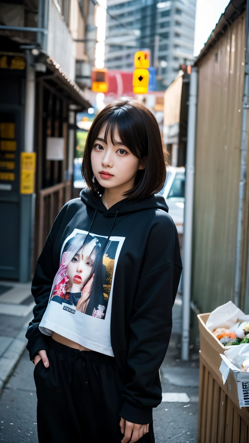 (((Uncomfortable face))),(((Perfect Fingers))),18-year-old,Korean women,Downtown trash dump,(((Facing forward))),(((Frowning,カメラをGlaring))),(Very fine eye), (((Wearing a black hoodie,Wearing baggy pants))),((photograph)),((Woman in downtown)),(((Fabric Shading))), (((highest quality))), (((masterpiece))) strong girl, ((((Realistic)))), I have a card,Black Hair, chic hairstyle, ((With bangs,Straight medium bob cut, nice hair)), Light makeup,Red eyes, (((I&#39;m not wearing lipstick))), (nice, strong), Strong night atmosphere,  Centered Images, Focus on the camera, Elegant colors,Realistic Skin,Realistic texture,８k,whole body,Pale skin, (((Dirty garbage dump))),A huge amount of trash,Red iris,Expressionless,Glaring,Perfect Face,(((Big eyes))),She is wearing wide black pants,Mouth closed, portrait of aespaのウィンター,She is wearing black streetwear, Woman in black streetwear, 黒いハイテクな服を着た女性のphotograph, Girl wearing black hoodie, Cyberpunk Streetwear, Cyberpunk Streetwear street fashion e-girl,