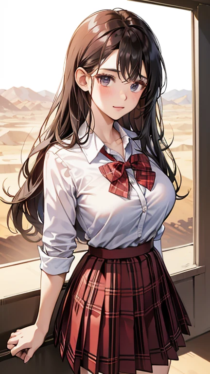school girl in the desert , waistband of skirt is at the point above chest ,skirt dark red , plaid skirt , pleated skirt , Tight shirt , white Shirt , school girl , skirt under breasts , skirt is near breasts area , red knot , red bow , skirt is adjacent to the chest , steam , big breasts , big tits