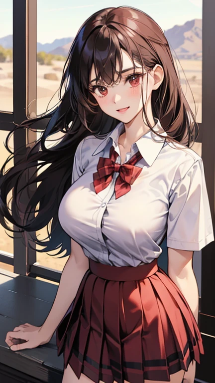 school girl in the desert , waistband of skirt is at the point above chest ,skirt dark red , plaid skirt , pleated skirt , Tight shirt , white Shirt , school girl , skirt under breasts , skirt is near breasts area , red knot , red bow , skirt is adjacent to the chest , steam , big breasts , big tits