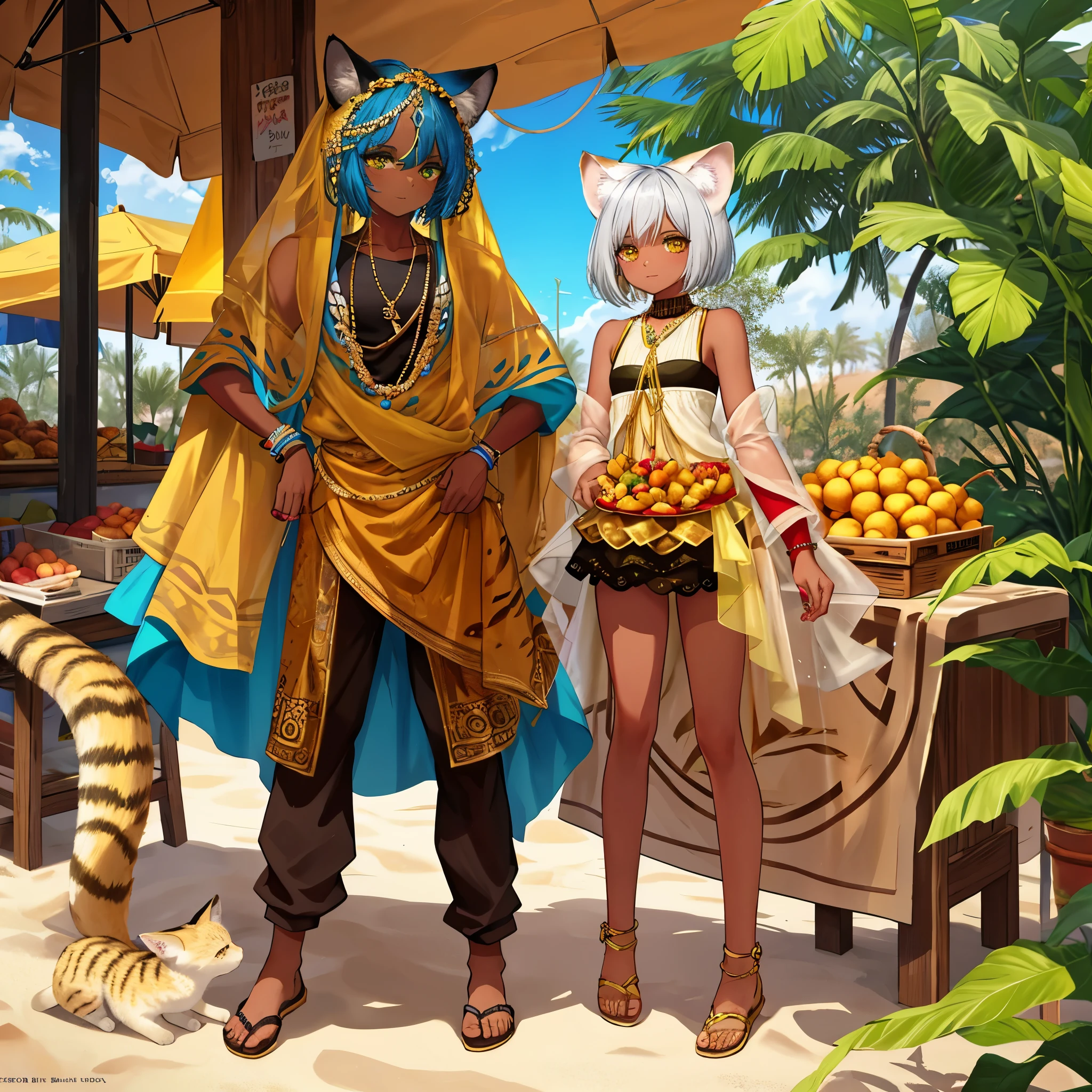 {
  "Theme": "A beastman girl, who is as cute as an angel of the desert and is called so, a 10-year-old sand cat (with beast ears and tail of a sand cat). The strongest and ultimate 10-year-old cute beastman girl with brown skin, sunburned skin, and dark tan skin. She is sparkling her eyes at the fruits of the street vendor and the meat on the skewer.",
  "Number of Characters": 1,
  "World View": "Cute fantasy",
  "Body Shape and Skin Color": {
    "Body Shape": "Petite skeleton, slender limbs, delicate curves, lovely hands, short height, compact body, adorable appearance",
    "Skin Color": "Brown skin, sunburned, dark tan skin"
  },
  "Costume and Color": {
    "Costume": "A girl holding fruits of a street vendor and meat on a skewer. The costume is imagined as an angel of the desert",
    "Color": "Gold, more green, blue (main color) as a base, light blue, yellow, silver, deep red (sub color) as an accent"
  },
  "Hairstyle and Color": {
    "Hairstyle": "Bob cut",
    "Hair Color": "Gold, blue, green, mix a little other color if visible"
  },
  "Details of Possessions or Weapons": {
    "Weapons": "Not possessed",
    "Possessions": "Fruits of a street vendor and meat on a skewer"
  },
  "Details of Wings": "No wings",
  "Emotions and Movements": "She is sparkling her eyes at the fruits of the street vendor and the meat on a skewer",
  "Perspective and Composition": {
    "Perspective": "Full body",
    "Composition": "From above"
  },
  "Background and Color": {
    "Background": "The scenery of a street stall in a desert city. Various foods are being sold",
    "Color": "Gold, more green, blue (main color) as a base, light blue, yellow, silver, deep red (sub color) as an accent"
  },
  "Light and Shadow": "Bright light and shadow reflecting the strong sunlight of the desert",
  "Style": "The style of high-definition official artwork or very detailed exquisite fan art that trends on ArtStation or Pixiv. Referencing key art of Kucharlt Krentz or feminine style,