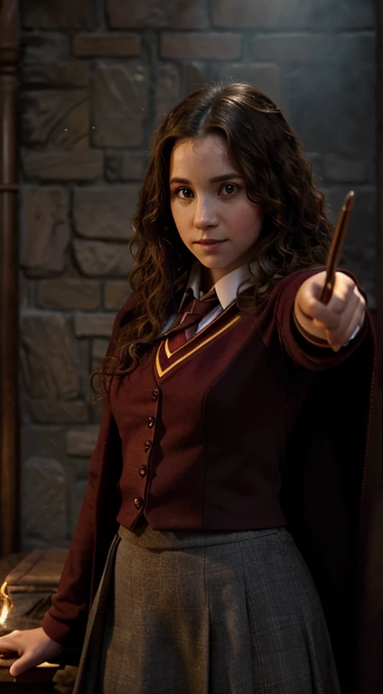 High details, high quality, cinematic, harry potter style, hogwarts background, hogwarts uniform, gryfgindor uniform, hermione granger, curly hair, dynamic pose, epic pose, holding wand, raising hand, pointing a wand, casting a spell, long shot, ambient lighting:1.5, magical effects
