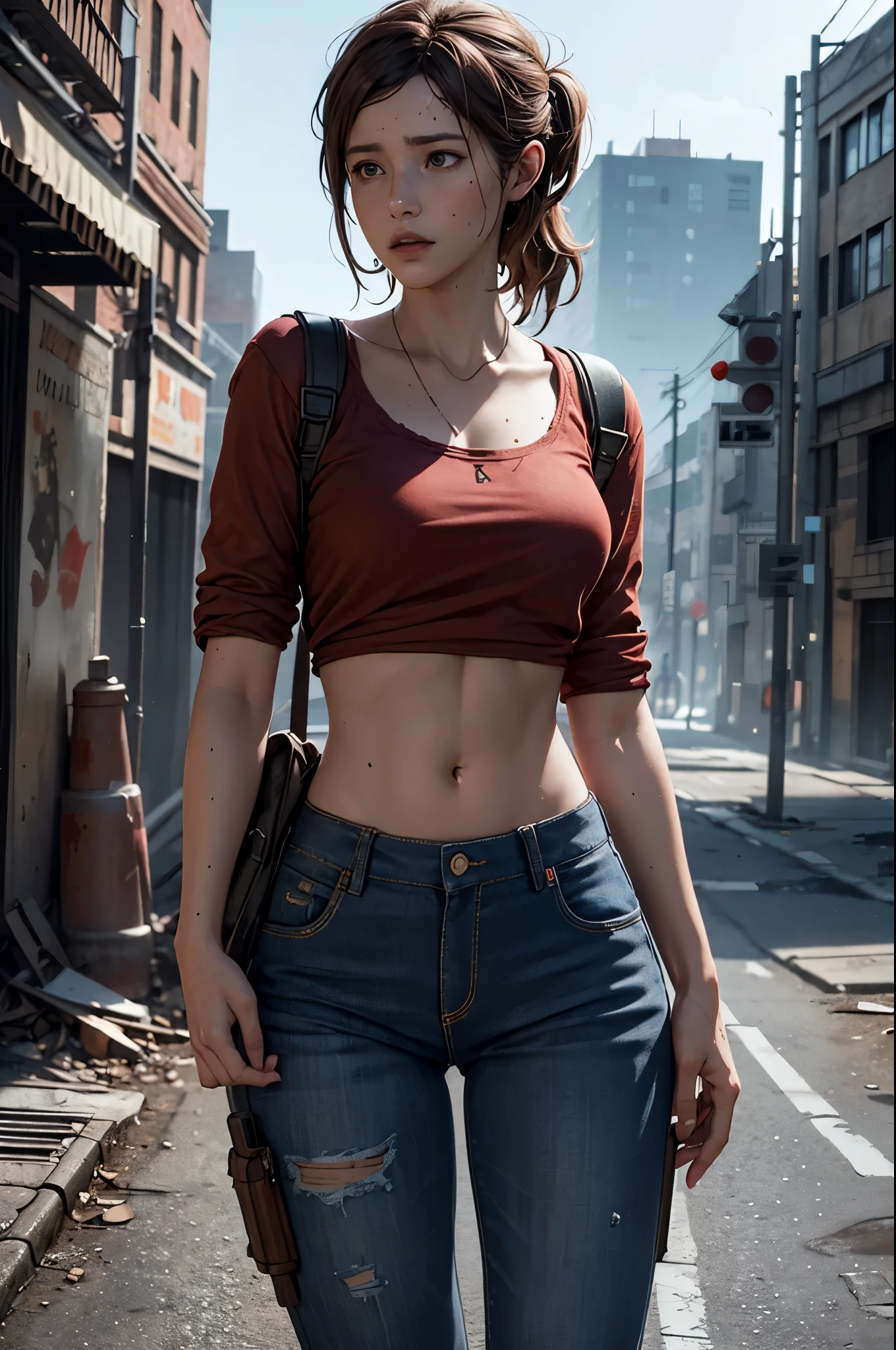 26 year old white woman、Hair is brunette、Eye color is blue、Short Bob、Slender but well-proportioned muscular body、My abs are cracked、The belly button is out、accessories on the wrist、setting hair、a smile、I'm so excited、I'm wearing low-rise hot pants、Wearing a scarf, tie, and blouse