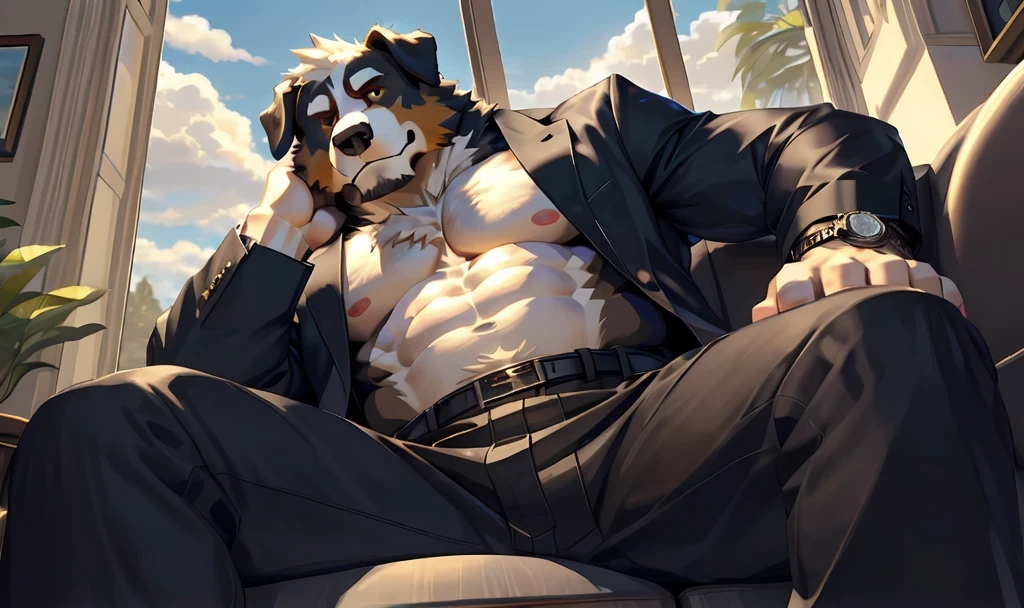 Anime characters sitting on chairs,There is a dog on his lap, pov Furry art, (SFW) Work, Hairy chest, High resolution commissions, Special Attack Winston, Fluffy chest, Furry anime, Furry Fantasy Art, fursona Furry art commission, very very beautiful Furry art, animal art, Furry art, SFW version, Strictly abide by