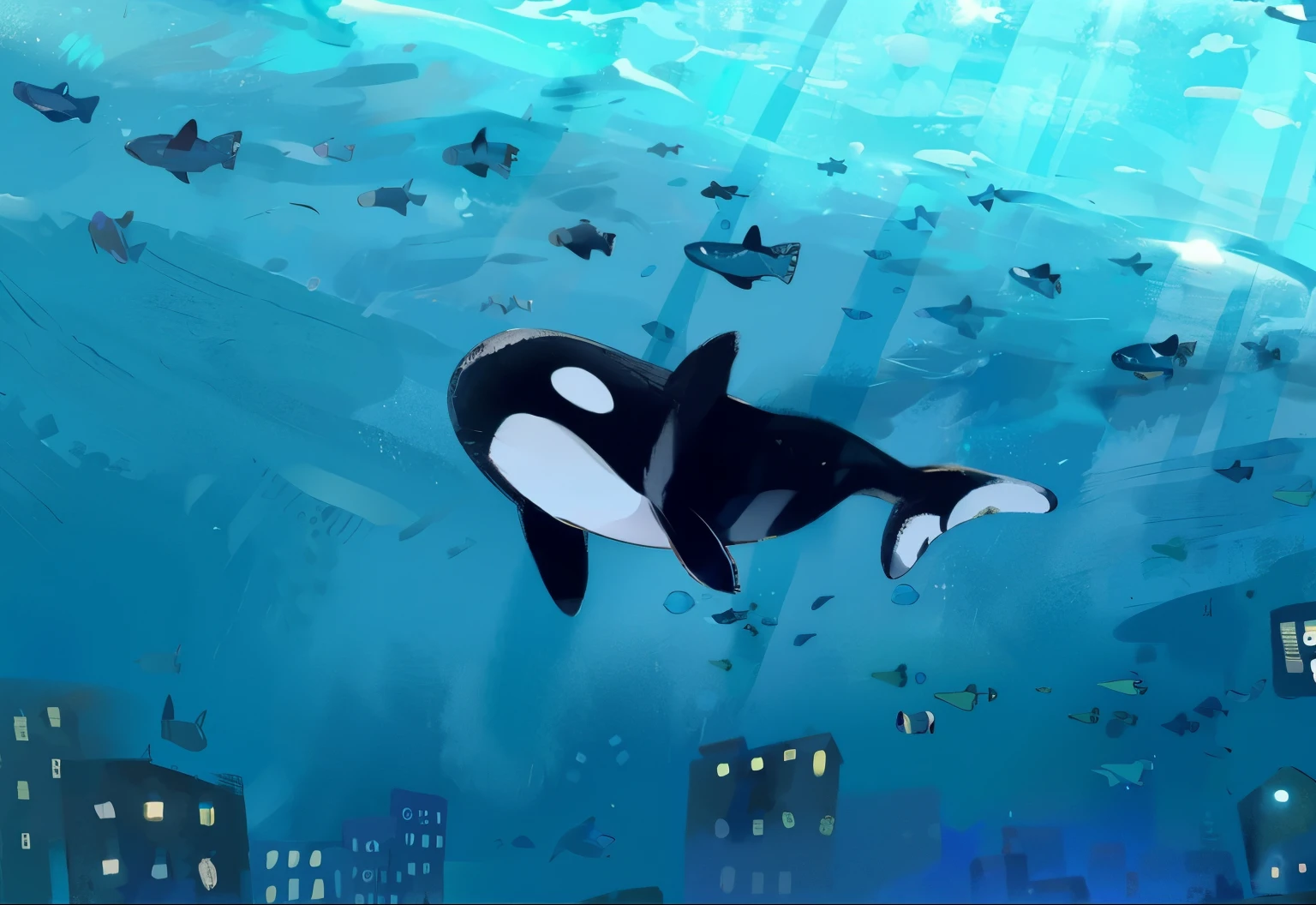 dreamland,painting of a killer whale swimming in the ocean with a city in the background, killer whale, sky whales, whale, whales, flying whales, in the ocean, whale monsters, they are chasing a whale, glimmering whale, flying whale, ocean, fan art, whale fall, undersea, under the ocean, male robotic anthro orca