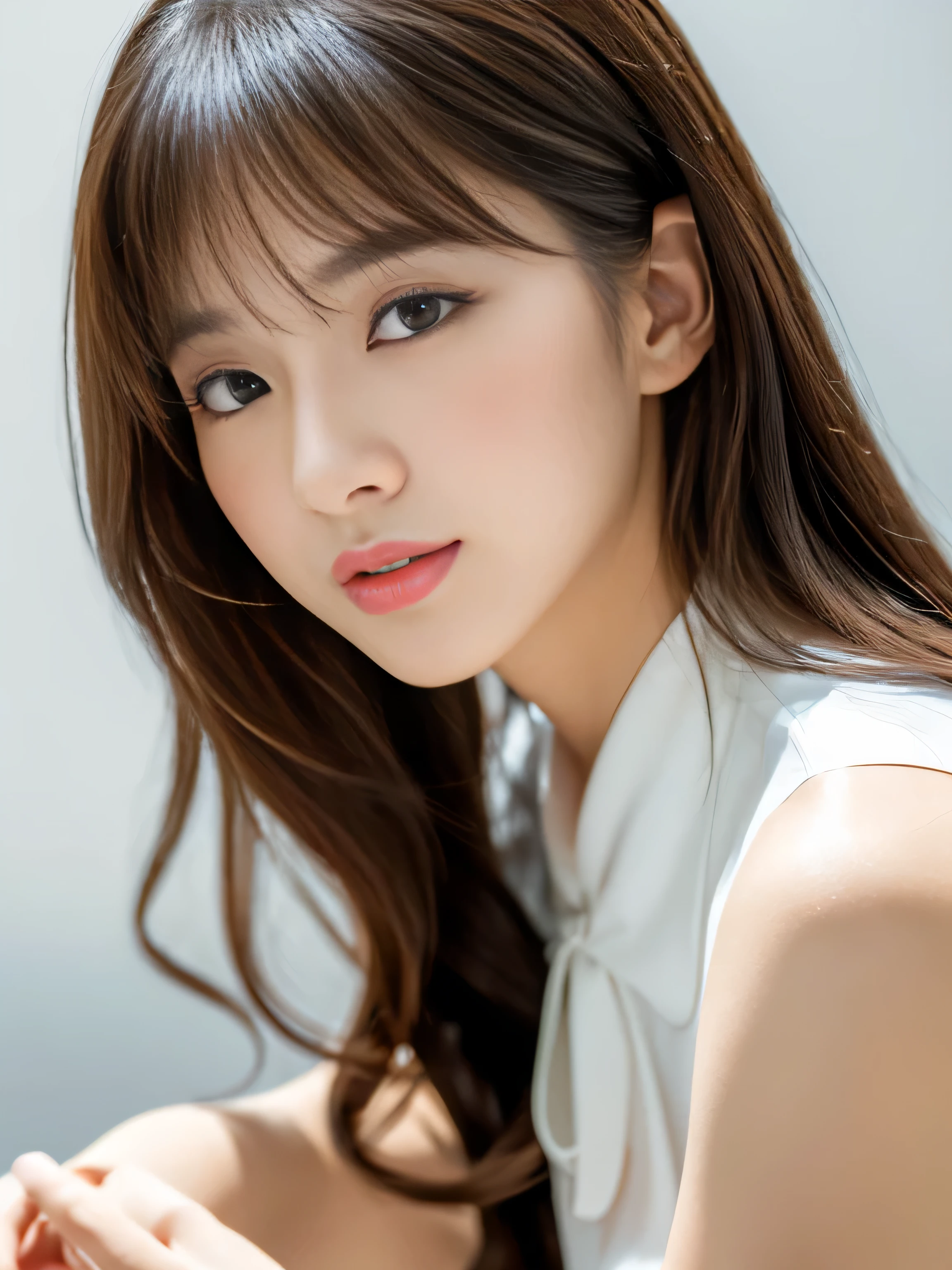 (Pure white wall background:1.Close-up of 8 from the neck up)　(One of the most beautiful 24-year-old women in Japan)　(Looking at the viewer with a very happy expression)　((sheの髪は信じられないほどボリュームのheavy curly hair　Very shiny、Hairy、Beautiful as silk、jet black, Attention to detail、Ridiculously long hair　Thinning hair, And that is&#39;Abundant　Tie your hair into a ponytail))　((highest quality)), ((masterpiece)), (familiar)　(Get used to it)　Perfect Face　(Her skin is a typical Japanese skin color...、Very detailed)　　(Big Breasts)　(she&#39;Wearing a shiny white silk shirt)　(she has a beautiful face with slender, Narrow eyes.)　(Her bangs Well Organized)　(she has perfect beautiful makeup　Lipstick is light red　A solid eyeliner)　((Rich 1.4))　(Extremely detailed 8K)　(Stable Diffusion Model)　(Ultra-fine skin texture 1.4)　(Actual, Vibrant:1.4), double eyelid　Sharp focus:1.2、Beautiful woman:1.4　Dynamic Lighting　(Genuine RAW photos taken by professional photographers)　　(she&#39;s long bangs, Reaching for her eyes, Well Organized)　(Turn your whole body to the viewer:1.5)　Professionally lit from the front　(Her hair is jet black.)　(Her hair is jet black.)　(Her hair is jet black.)　
