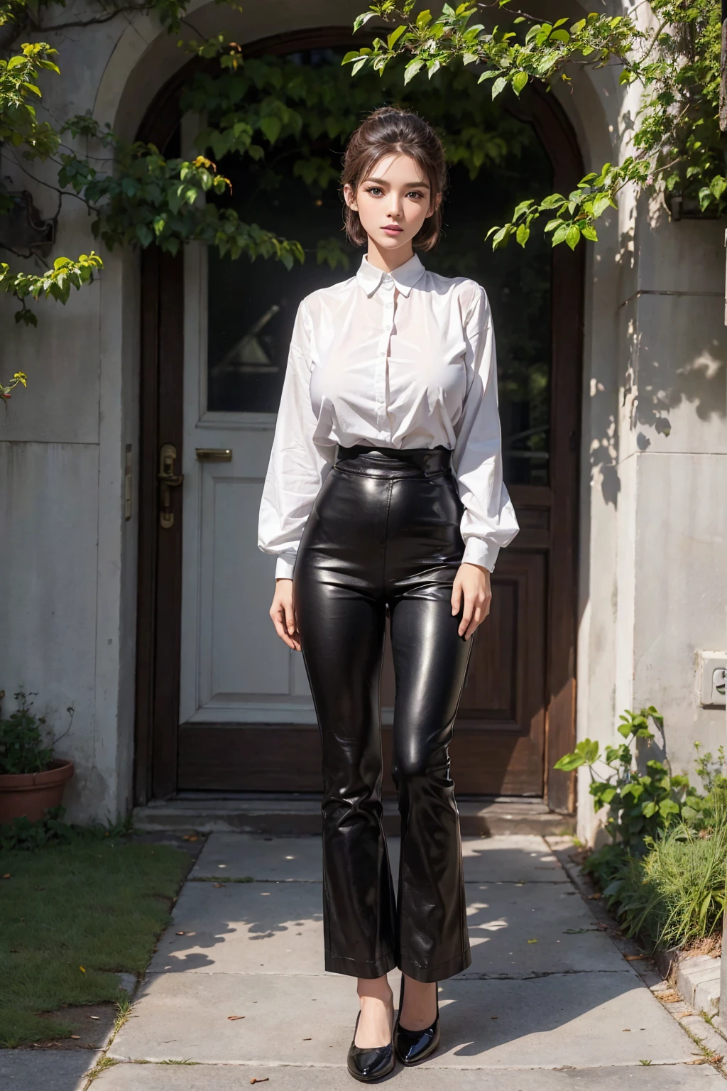 (((full image:1.5, full body, standing:1.8, facing viewer, the front body facing directly to the front of camera, show body from head to toe))), round huge breast, huge breast:1.5, tall body, fit body, pale skin, short hair with updo, ((standing)), a woman wearing blouse, wearing pants, leather shoes. High quality:1.3, natural lighting:2.0 realistic:1.2, 4k resolution, detailed skin, finely detail, masterpiece:1.1, centered image, shooting outdoor.