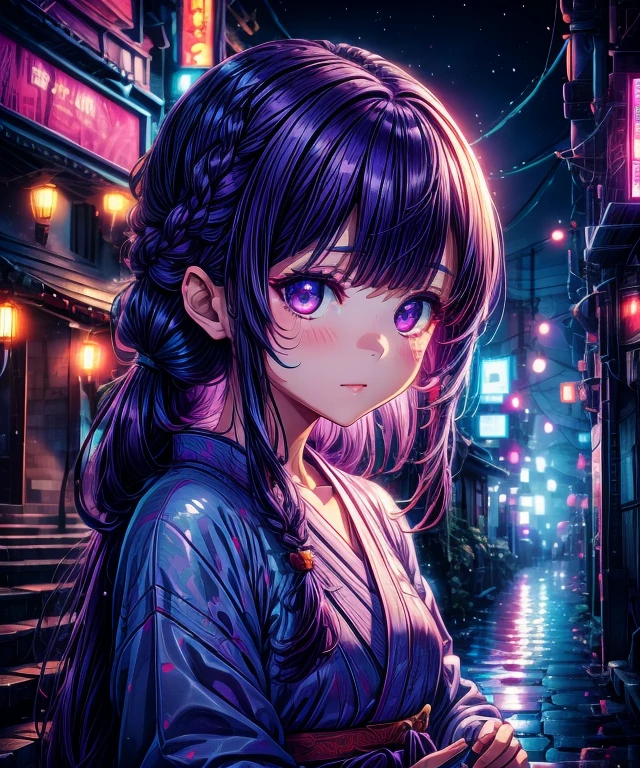 1girl, blunt bangs, braid, wide sleeves, hair ornament, japanese clothes, red obi, (purple hair:1.2), very long hair, straight hair, looking at viewer, highly detailed background, (photo realistic:1.2), detailed eyes,ultra long eyelashes, red eyeshadow, depth of field，thigh, (ulzzang-6500:0.7), upper body, (solo:1.2), (cyberpunk city:1.1), small cute ,  Shiny skin, 