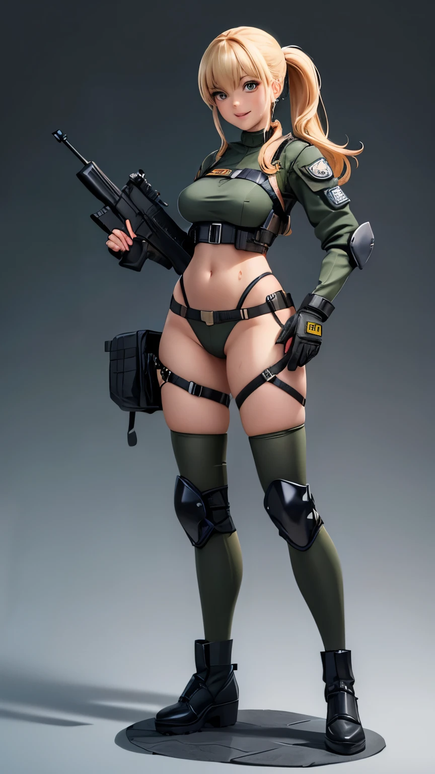 female model, dirty blonde hair in a pony tail, sweaty, slutty, medium perfect , wearing slutty modern tactical body armour, happy and excited, great composition. sexy pose full of action, very slutty green military outfit, masterpiece, vibrant, professional photo, full body, holding gun, anime style, grey background, sexxy, nsfw