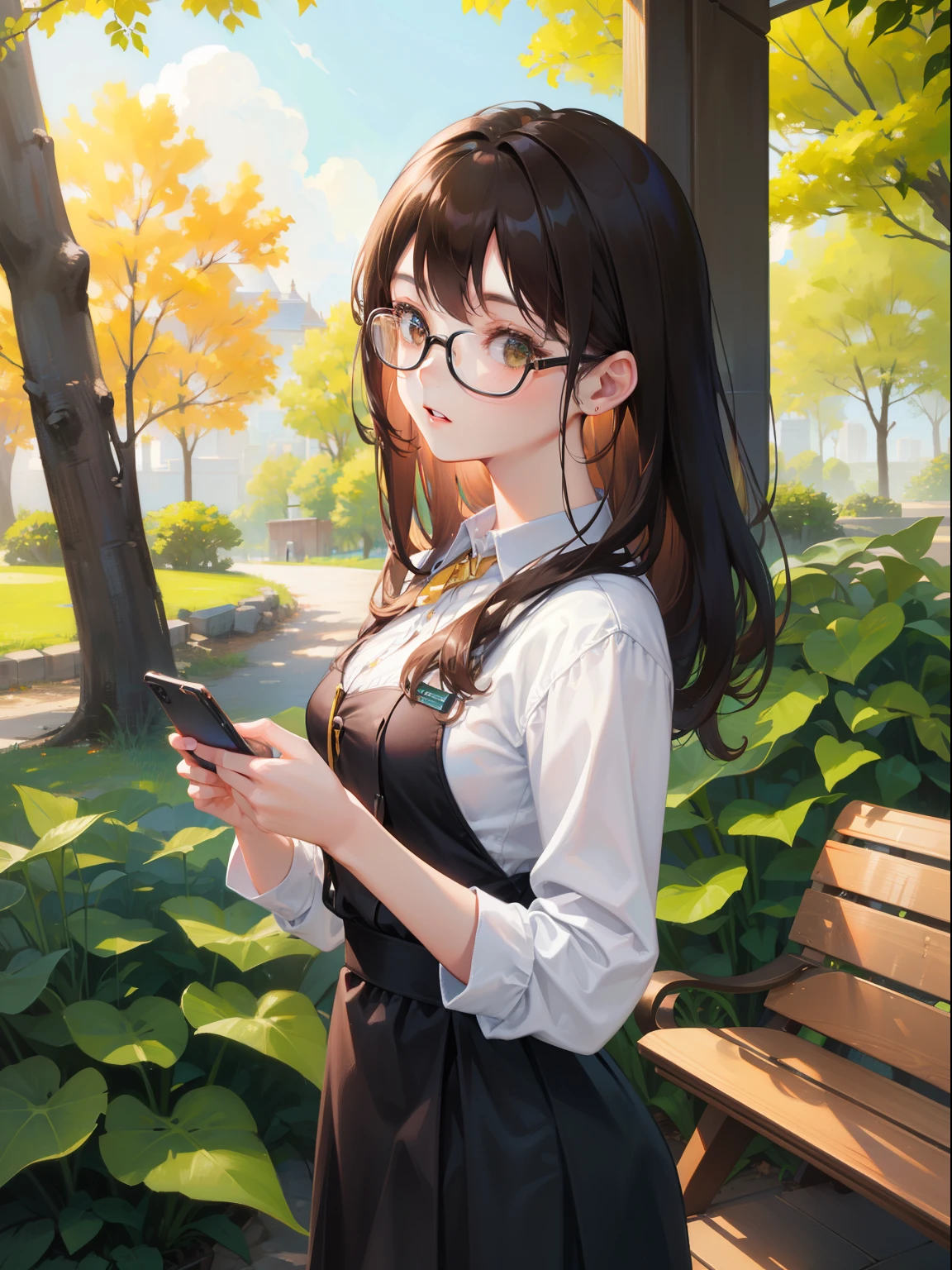 One woman、Brown haired(like)、Brown eyes、Black-rimmed glasses、 highest quality、Ultra-detailed、8k resolution、RAW Photos、Gorgeous face、Perfect body、Green space、Use both hands to operate your phone,