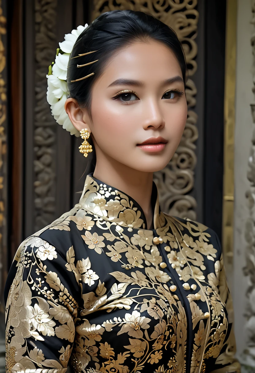 create a hyperrealistic image. 30 year old Javanese woman, fat, beautiful and sweet, hair in a typical Jogjakarta bun, ukel konde bun, small gold hairpin, decorated with jasmine flowers, gold earrings and jewelry, black kebaya with complicated and unique motifs (gold sequined) , black stagen, white jarik cloth with typical Jogjakarta motifs, namaste hands, full body photo, ultra realistic, ultra detailed