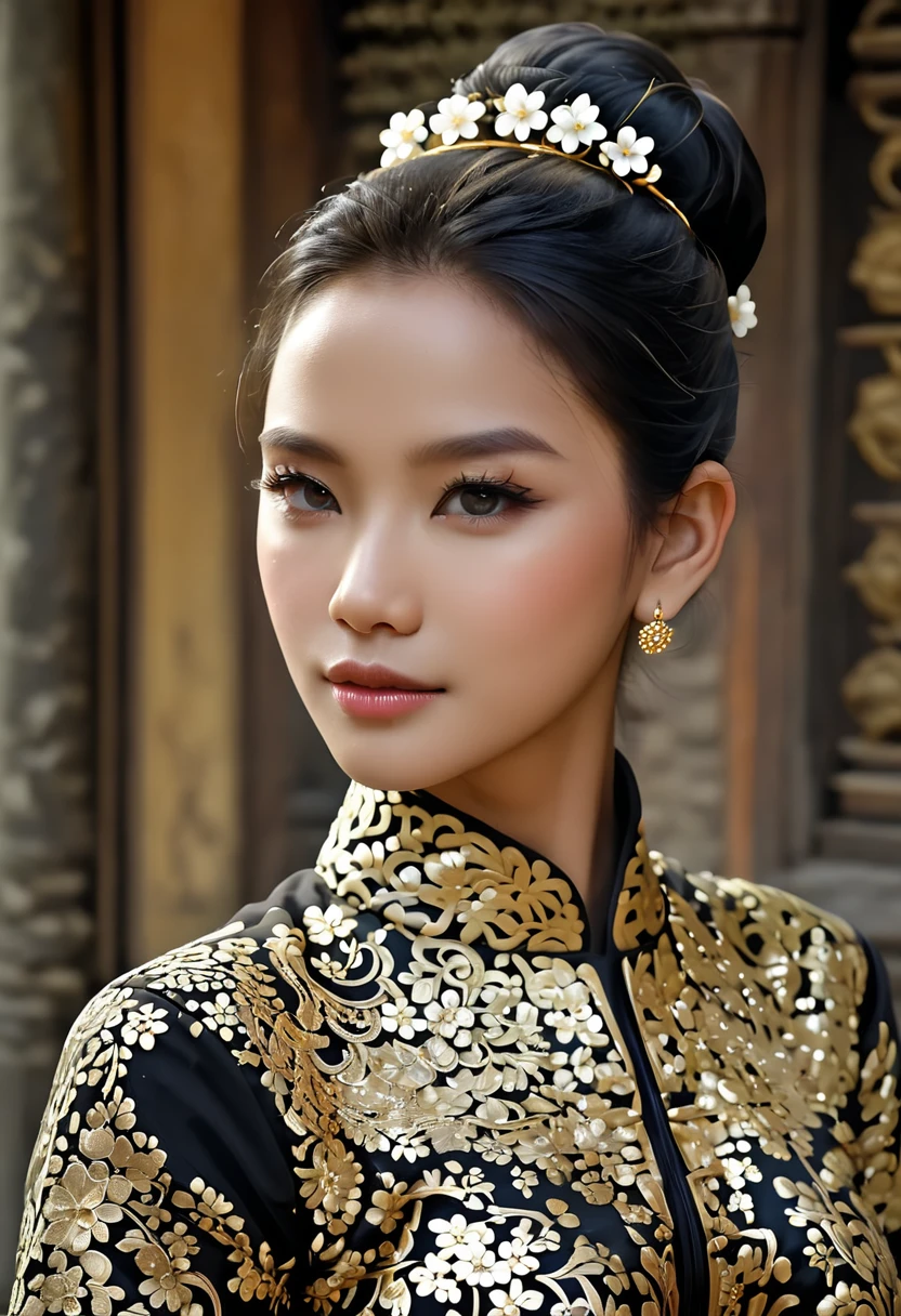 create a hyperrealistic image. 30 year old Javanese woman, fat, beautiful and sweet, hair in a typical Jogjakarta bun, ukel konde bun, small gold hairpin, decorated with jasmine flowers, gold earrings and jewelry, black kebaya with complicated and unique motifs (gold sequined) , black stagen, white jarik cloth with typical Jogjakarta motifs, namaste hands, full body photo, ultra realistic, ultra detailed