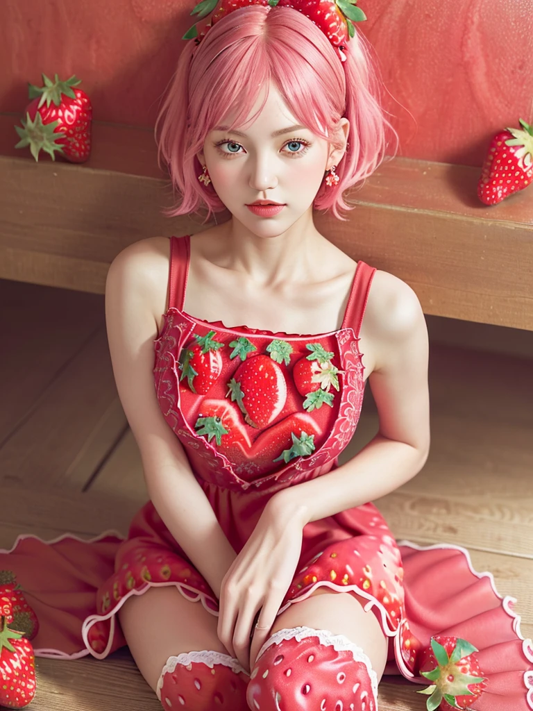 (8K, top quality, masterpiece:1,2), (realistic, realistic:1.37), super detail, one girl,), (very detailed), (beautiful and delicate eyes), (top quality의), (very detailed ), (masterpiece), (detailed face),20 years old, ,1 girl, whole body, pink hair,Very Short Hair, medium chest, Dressed up, perfect lighting,, looking at viewer, excited face, naughty face, (pastel red theme:1.3), ((Strawberry gothic dress with strawberry pattern:1.4)), (strawberry decoration:1.3), (red big ribbon:1.3), (strawberry earrings:1.2), (white knee high socks:1.3)