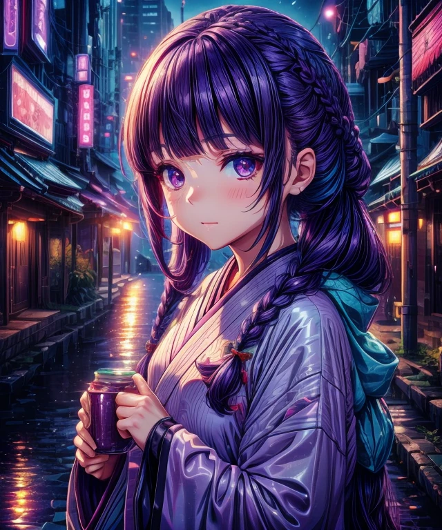 1girl, blunt bangs, braid, wide sleeves, hair ornament, japanese clothes, red obi, (purple hair:1.2), very long hair, straight hair, looking at viewer, highly detailed background, (photo realistic:1.2), detailed eyes,ultra long eyelashes, red eyeshadow, depth of field，thigh, (ulzzang-6500:0.7), upper body, (solo:1.2), (cyberpunk city:1.1), small cute ,  Shiny skin, 