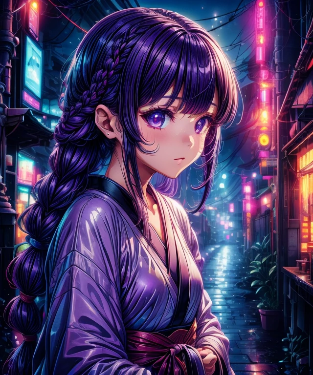 1girl, blunt bangs, braid, wide sleeves, hair ornament, japanese clothes, red obi, (purple hair:1.2), very long hair, straight hair, looking at viewer, highly detailed background, (photo realistic:1.2), detailed eyes,ultra long eyelashes, red eyeshadow, depth of field，thigh, (ulzzang-6500:0.7), upper body, (solo:1.2), (cyberpunk city:1.1), small cute ,  Shiny skin, 