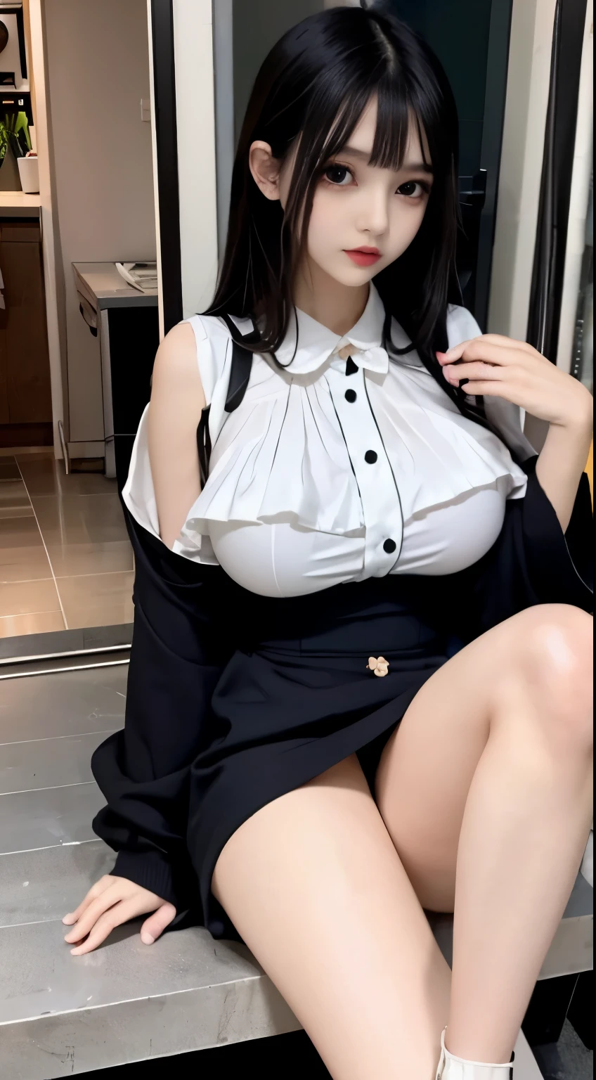 jirai girl、(((Big Breasts))), Slender body、Small Ass、Long, slender legs、Thin thighs、Short、Dark Hair、(egirl clothes and makeup),