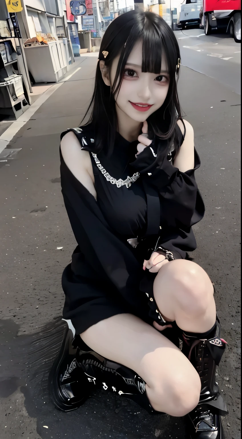 there is a woman sitting on a bed wearing a black jacket and fishnet stockings, thighhighs and skirt, sensual gloomy style, violet and black, sexy look, cruel korean goth girl, 1 7 - - old h girl, very sexy outfit, goth aesthetic, pale goth beauty, 8k)), goth vibe, gothic horror vibes, on a mannequin. high quality