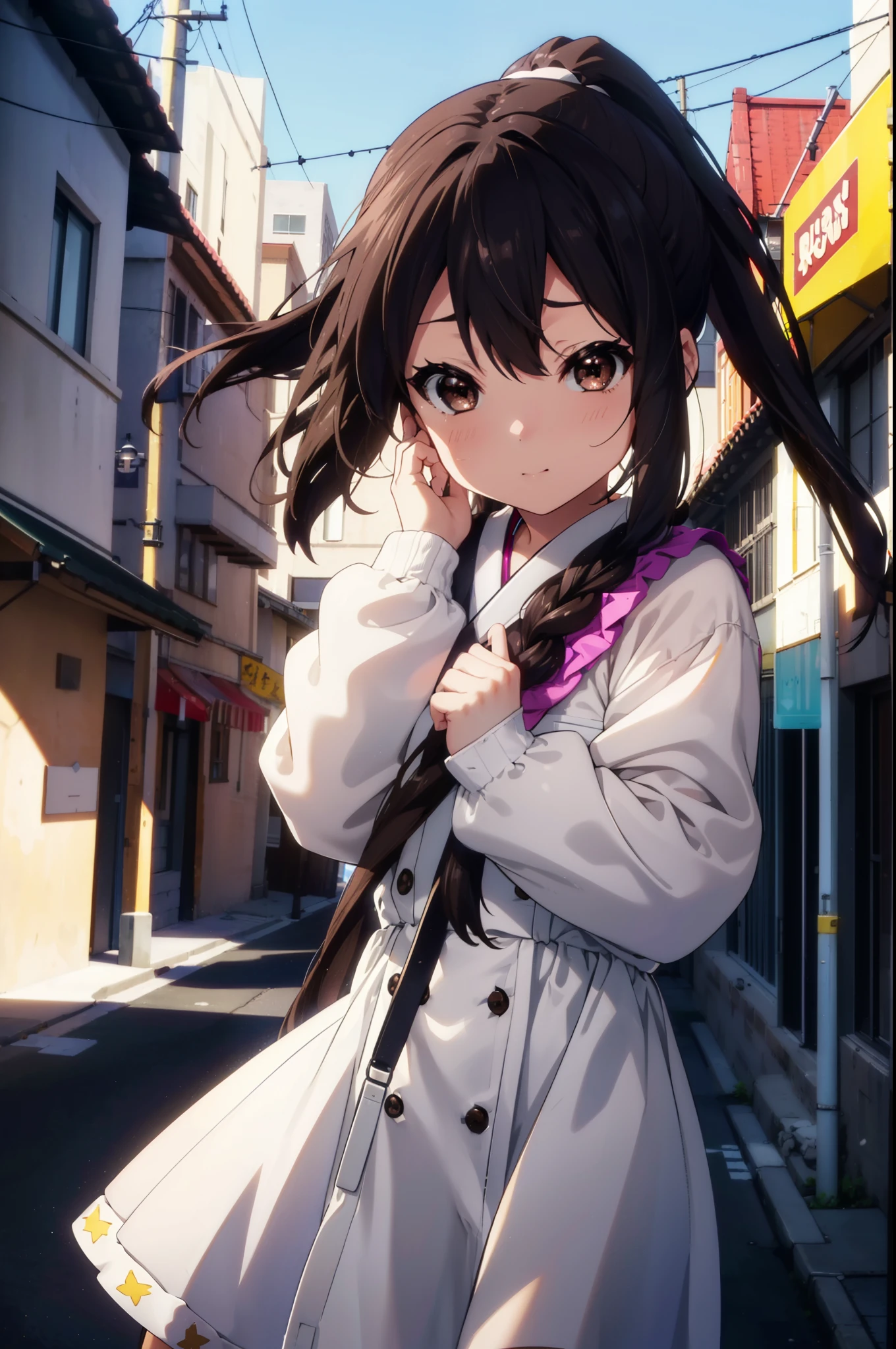 azusanakano, Azusa Nakano, Black Hair, (Brown eyes:1.5), Long Hair, smile,blush,ponytail,Short braided hair,yellow headband ,Long skirt integrated dress,Cute Sandals,Daytime,Clear skies、
break indoors, In town,Building district,City Street,
break looking at viewer, (Cowboy Shot:1.5),
break (masterpiece:1.2), highest quality, High resolution, unity 8k wallpaper, (figure:0.8), (Beautiful fine details:1.6), Highly detailed face, Perfect lighting, Highly detailed CG, (Perfect hands, Perfect Anatomy),
