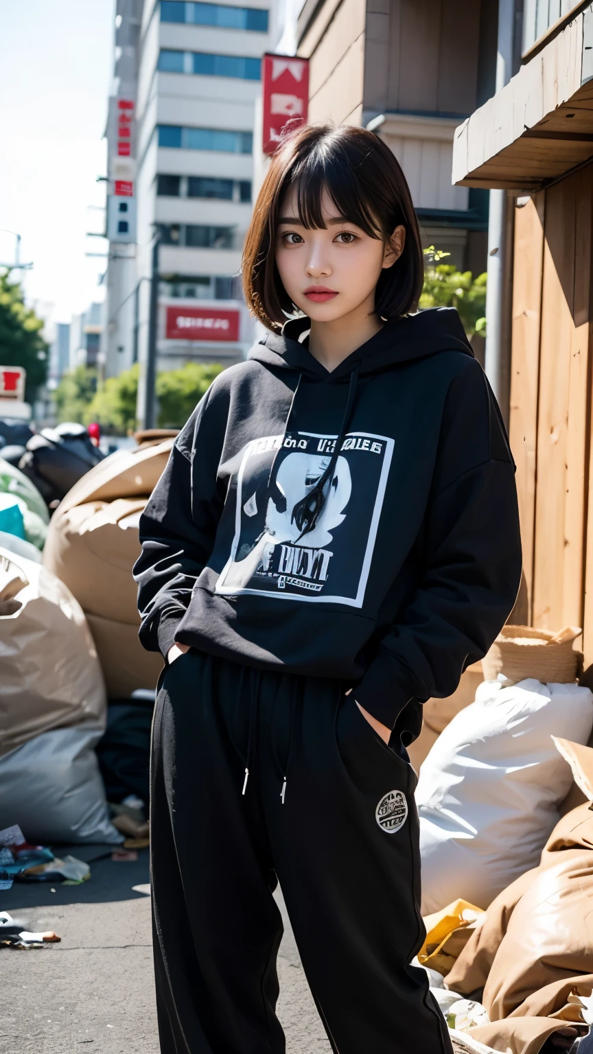 (((Uncomfortable face))),(((Perfect Fingers))),18-year-old,Korean women,Downtown trash dump,(((Facing forward))),(((Frowning,カメラをGlaring))),(Very fine eye), (((Wearing a black hoodie,Wearing baggy pants))),((photograph)),((Woman in downtown)),(((Fabric Shading))), (((highest quality))), (((masterpiece))) strong girl, ((((Realistic)))), I have a card,Black Hair, chic hairstyle, ((With bangs,Straight medium bob cut, nice hair)), Light makeup,Red eyes, (((I&#39;m not wearing lipstick))), (nice, strong), Strong night atmosphere,  Centered Images, Focus on the camera, Elegant colors,Realistic Skin,Realistic texture,８k,whole body,Pale skin, (((Dirty garbage dump))),A huge amount of trash,Red iris,Expressionless,Glaring,Perfect Face,(((Big eyes))),She is wearing wide black pants,Mouth closed, portrait of aespaのウィンター,She is wearing black streetwear, Woman in black streetwear, 黒いハイテクな服を着た女性のphotograph, Girl wearing black hoodie, Cyberpunk Streetwear, Cyberpunk Streetwear street fashion e-girl,
