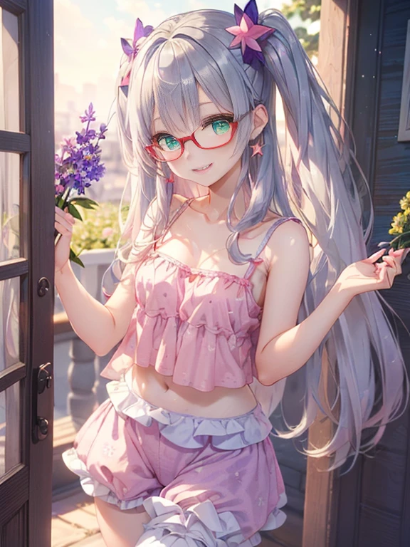 小さなgirl、The arrival of spring、Thick thighs、 (alone:1.5,)Very detailed,Bright colors, Very beautiful detailed anime faces and eyes, Look straight ahead, ;d, Shiny_skin,girl, ((Silver long hair,The inner color is red 、Forehead is exposed.、Green Eyes、Glasses、Shiny hair, Delicate beautiful face, blush、(Turquoise Eyes), White skin, Valletta, Earrings,、blue flower field、(((Star pattern pink、camisole、Purple bloomers)))、Twin tails、smile、smile、Face dyed red