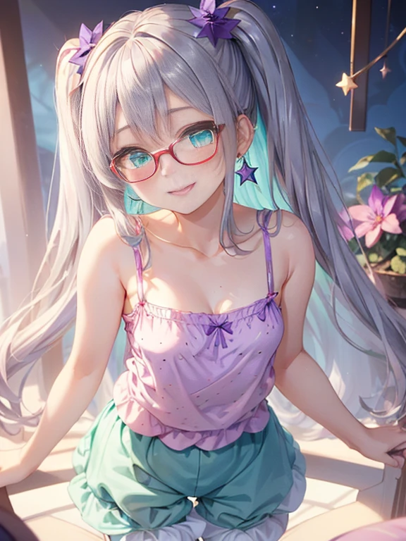 小さなgirl、The arrival of spring、Thick thighs、 (alone:1.5,)Very detailed,Bright colors, Very beautiful detailed anime faces and eyes, Look straight ahead, ;d, Shiny_skin,girl, ((Silver long hair,The inner color is red 、Forehead is exposed.、Green Eyes、Glasses、Shiny hair, Delicate beautiful face, blush、(Turquoise Eyes), White skin, Valletta, Earrings,、blue flower field、(((Star pattern pink、camisole、Purple bloomers)))、Twin tails、smile、smile、Face dyed red