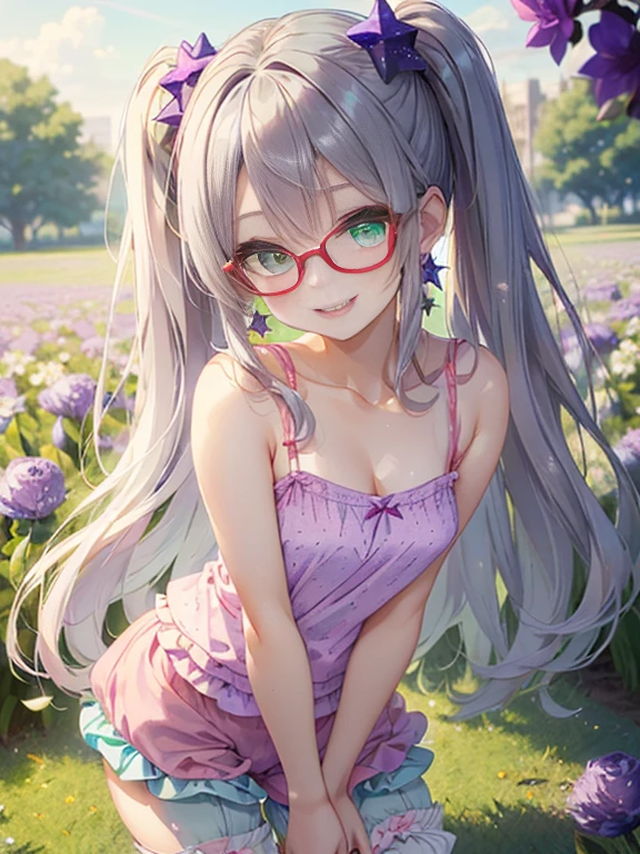 小さなgirl、The arrival of spring、Thick thighs、 (alone:1.5,)Very detailed,Bright colors, Very beautiful detailed anime faces and eyes, Look straight ahead, ;d, Shiny_skin,girl, ((Silver long hair,The inner color is red 、Forehead is exposed.、Green Eyes、Glasses、Shiny hair, Delicate beautiful face, blush、(Turquoise Eyes), White skin, Valletta, Earrings,、blue flower field、(((Star pattern pink、camisole、Purple bloomers)))、Twin tails、smile、smile、Face dyed red