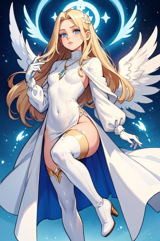 long blond hair girl with angel translucent wings, blue eyes, beautiful body in a white turtleneck dress, white long boots and white gloves and and a necklace with a small red stone in a darkstyle