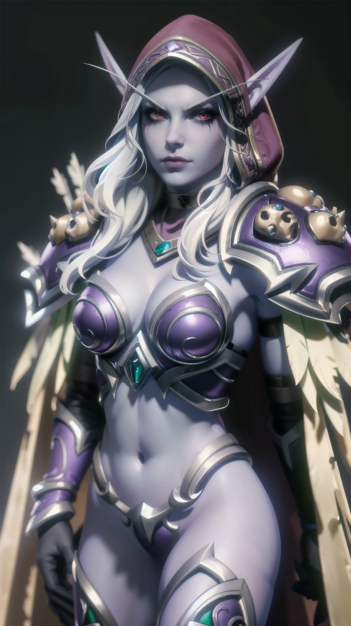 (Masterpiece, Best quality:1. 3) 1 girl, solo, elf, Sylvanas Windrunner, long hair, silver hair, large breasts, looking at viewer, plain background, red eyes, cleavage, medium breasts, upper body, white hair, choker, hood, cape, pointed ears, armor, hair over one eye, lips, shiny, colored skin, black background, goblin, shoulder armor, cape, shoulder pads, blue skin, arrow, bikini armor, shoulder pads, undead, violet skin color.full shot full body
